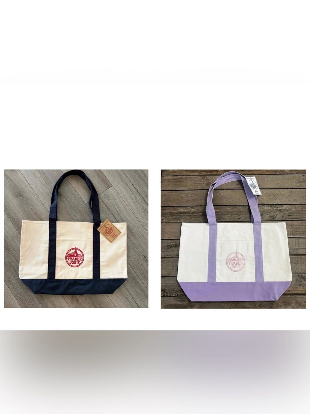 Trader Joes Large Lavender/Navy BlueCanvas Tote Bundle Set of 2
